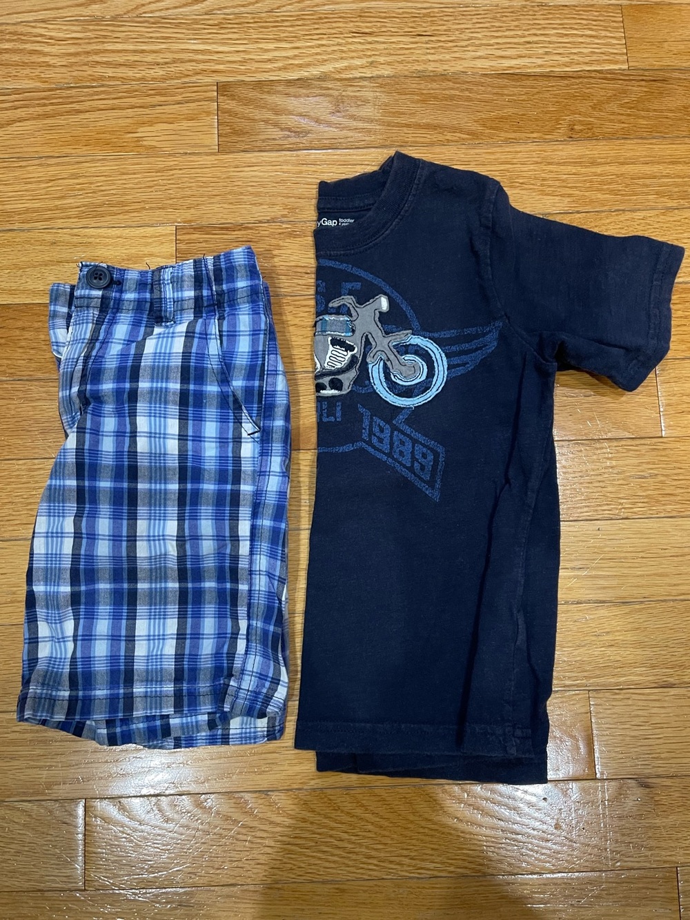 GAP Navy Graphic Tee with Blue Plaid Shorts